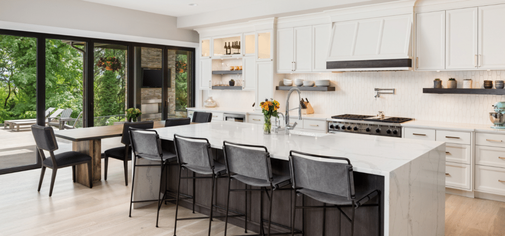 Bright kitchen with streak-free countertops following expert maid service.